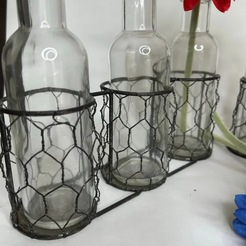 3 Glass Metal Vases-‎ set of 2 country cottage summer vases comes with flowers